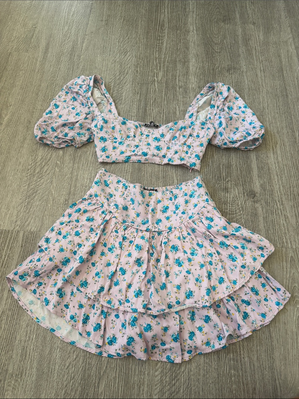Zara Pink Floral Puff Sleeve Crop Top & Skirt Set